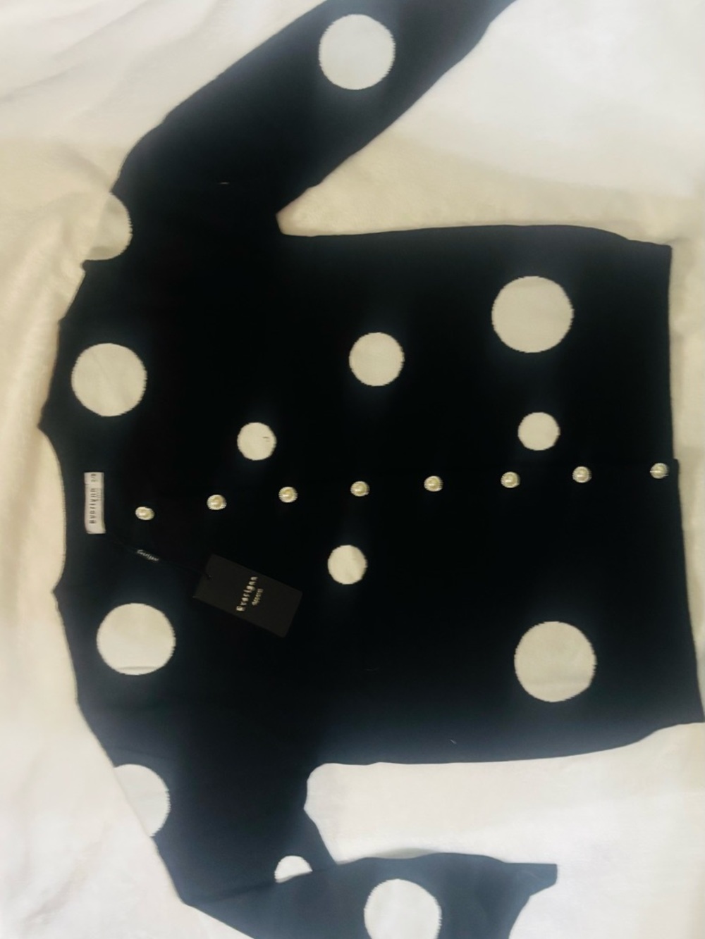Everly Black Cardigan with White Polka Dots and Pearl Buttons